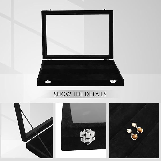 Wudygirl Earring Organizer Tray Jewelry Organizer 32 Pairs Earring Box Organizer Black Velvet Jewelry Display Case with Transparent Lid(Black Earring Storage)