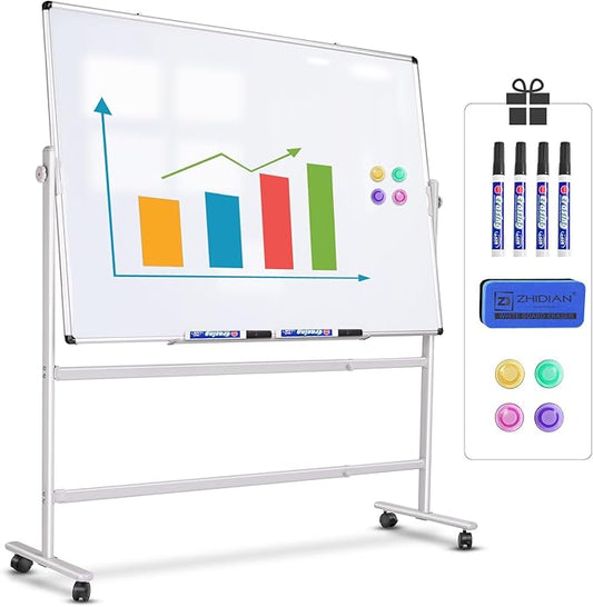 Rolling White Board 36x24 in, Dry Erase Board with Stand, Double-Sided Magnetic Mobile Whiteboard, Height-Adjustable for Office Classroom and Home