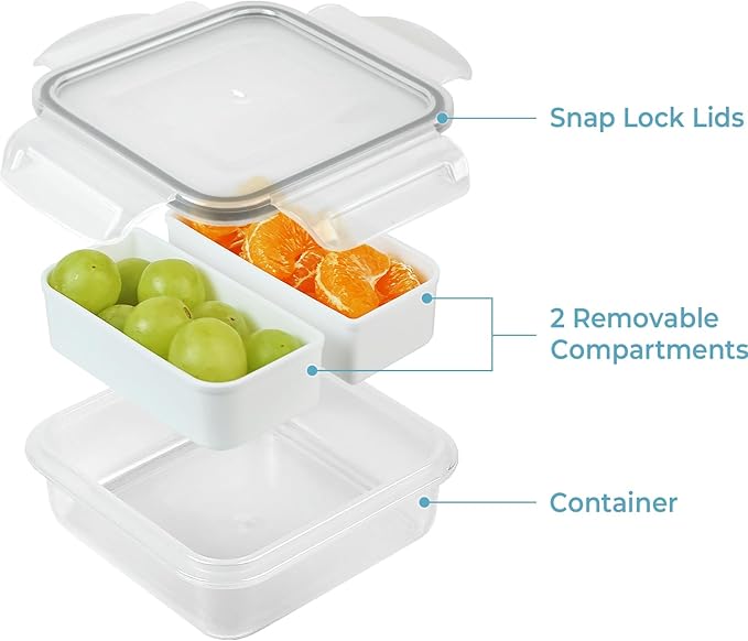 carrotez 2 Compartment Snack Containers, Mini Snack Containers for Mini Fridge, Small Food Storage Containers, Airtight Lids, Reusable, 1.1 cup, 6 PACK