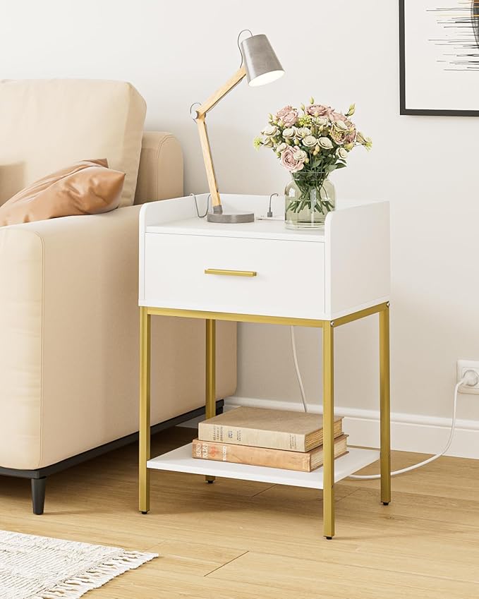 Nightstand with Charging Station,3-Tier Bedside Table for Small Space,Modern Night Stand with Storage Drawer and Shelf,Small Side Table for Bedroom,Living Room,White