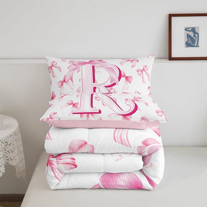 jejeloiu Kids Girls Cute Pink Bow Comforter Set Queen Size Monogrammed Bedding Set Ultra Soft Personalized Initial R Duvet Quilt Coquette Bow Knot Quilt Set Room Decor Modern Fashion Comforter
