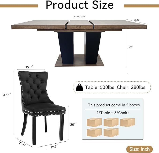 Goujxcy 7-Piece Extendable Dining Table Set for 6-8 People 63-78 Inch Kitchen Table Set with 6 Velvet Upholstered Chairs Farmhouse Rectangular Dining Room Table Set for Kitchen Dining Room Apartment