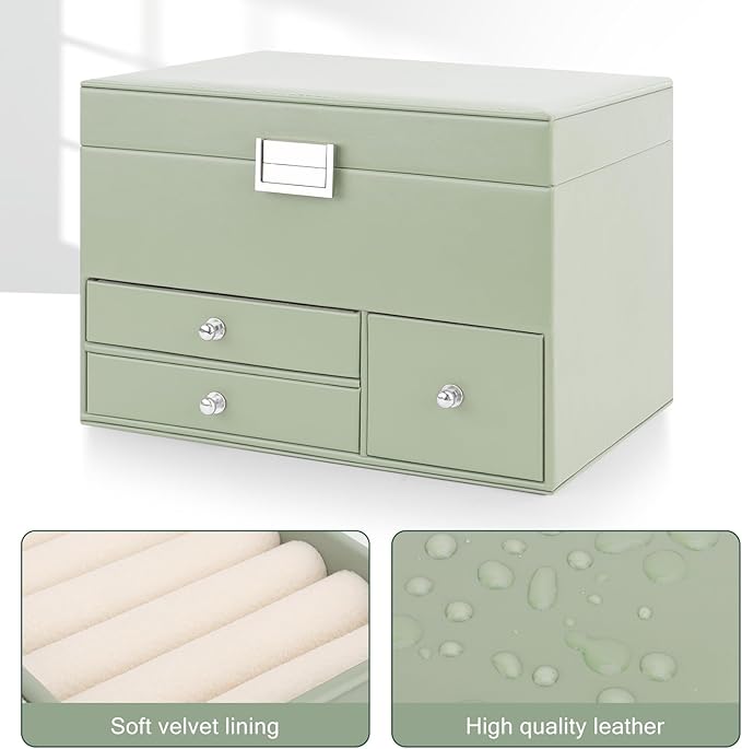 Jewelry Organizer Box, 3 Layers Large Jewelry Box with Travel Jewelry Case and Removable Tray, Jewelry Storage Case with Mirror for Necklaces Earrings Rings Bracelets Watches (Avocado Green)