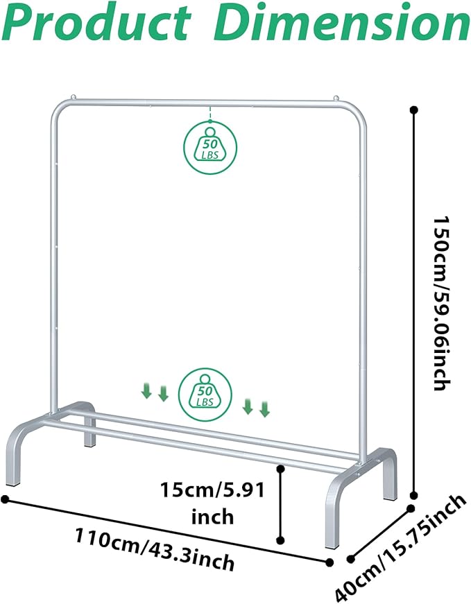 JIUYOTREE Metal Clothing Rack 43.3 Inches Clothes Garment Coat Rack with Bottom Shelf Clothing Rack for Hanging Clothes Coats Skirts Shirts Sweaters Silver Gray