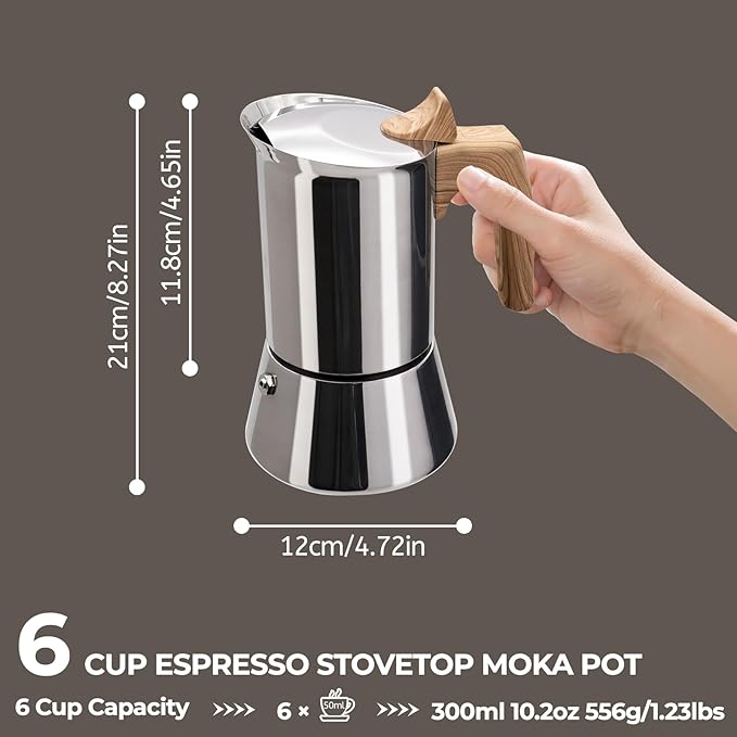 Uncoated 6 Cup Moka Pot 304 Thickened Stainless Steel Coffee Maker Stovetop Espresso Coffeemaker Italian Classic Style Brewing Greca Cafe Mocha Machine for Cafeteras Camping Travel Home 300ml 10oz