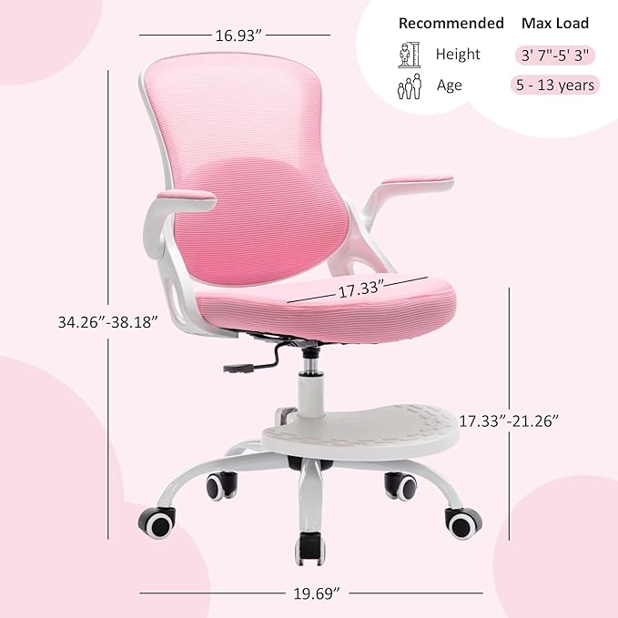 Kids Desk Chair,Ergonomic Study Chair with Adjustable Height,Swivel Mesh Desk Chair with Wheels,Home Office Chair for Children in Home Bedroom Pink