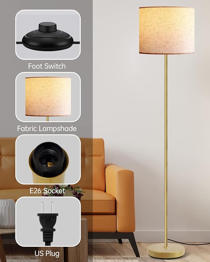 Floor Lamp Gold, Small Standing Lamp, 58" Tall Lamps with Beige Lampshade, Simple Pole Lamp for Bedroom, On/Off Footswitch, Gold Lamps for Living Room/Office/Boho,Christmas Gift for Kids(No Bulb)