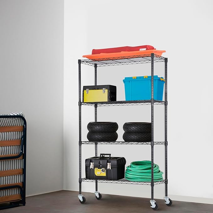 PayLessHere 4-Tier Adjustable Shelf Shelving Unit Shelves Shelf Heavy Duty Storage Steel Organizer Wire Rack (1400 lbs Loading Capacity) with Wheels Multi-Function Easy Assembly,Black