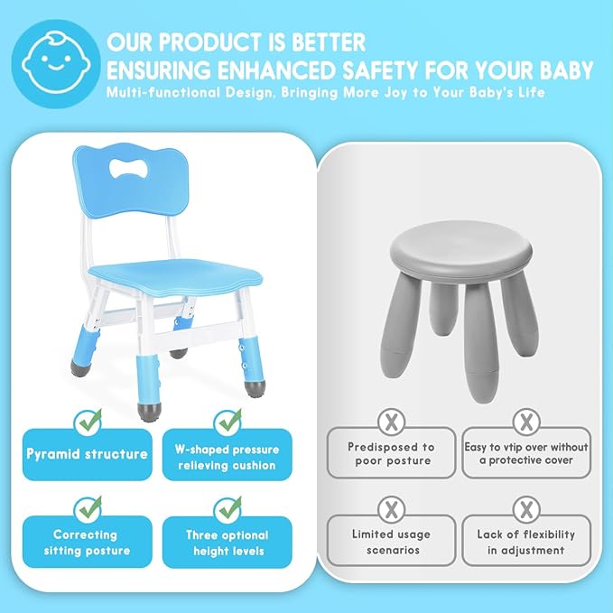 Kids Adjustable Chair with 3 Height Levels Toddler for Desk and Play Indoor Outdoor Activities