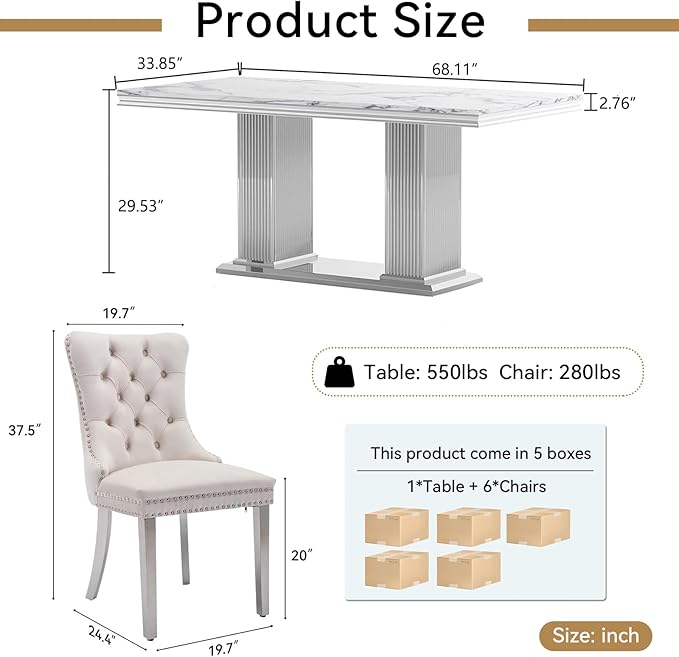 68" Faux Marble Dining Table Set for 6, 7-Piece Dining Set with White Silver Kitchen Table and 6 Velvet Tufted Chairs, Modern Rectangular Dining Room Tables with Column-Shape Stainless Steel Base
