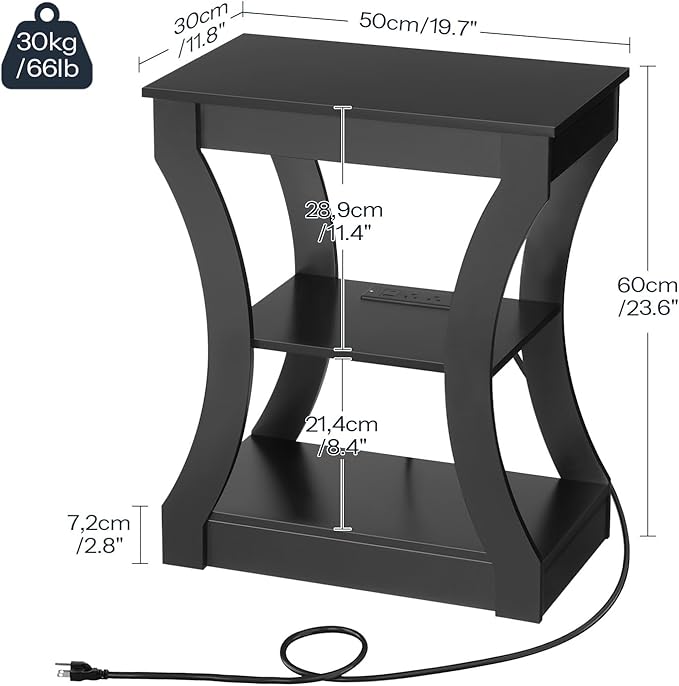 End Table with Charging Station, Set of 2, Side Table with USB Ports and Outlets, 3 Tier Nightstand with Storage Shelf for Small Spaces, Living Room, Bedroom, Black ETBK53E01S2