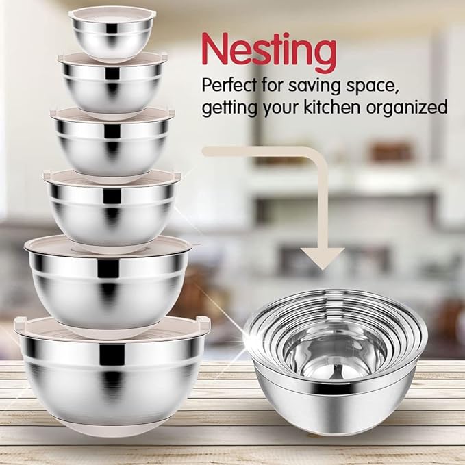 Mixing Bowls Set with Airtight Lids: 20PCS Stainless Steel Nesting Bowls - Size 7, 4, 3, 2, 1.5, 1QT Bowls with 3 Grater Attachments & Non-Slip Bottoms for Baking & Prepping