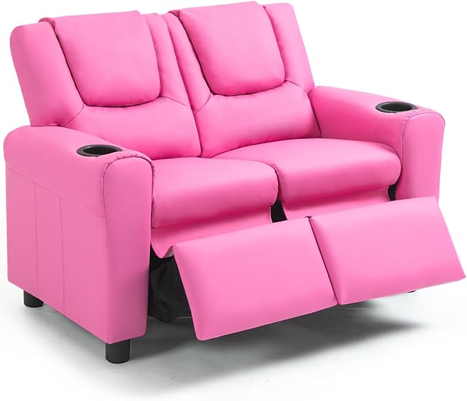 AVAWING Kids Recliner Chair, Double Kids Sofa Chair w/Cup Holder PU Leather, Toddler Loveseat Couch w/Adjustable Footrest & Headres for Boys Girls 3+ Age Group, Pink