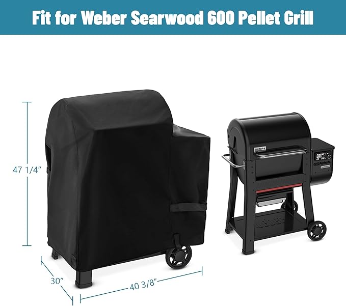 Grill Cover for Weber Searwood 600 Pellet Smoker, 47" Heavy-Duty 600D Waterproof Grill Cover with Adjustable Straps