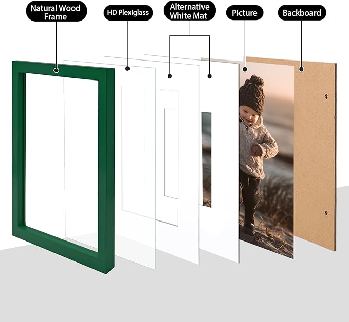 KINLINK 8x10 Picture Frame Green, Solid Wood Frames with Acrylic Plexiglass for Pictures 4x6/5x7 with Mat or 8x10 without Mat, Tabletop and Wall Display Photo Frame, Set of 4