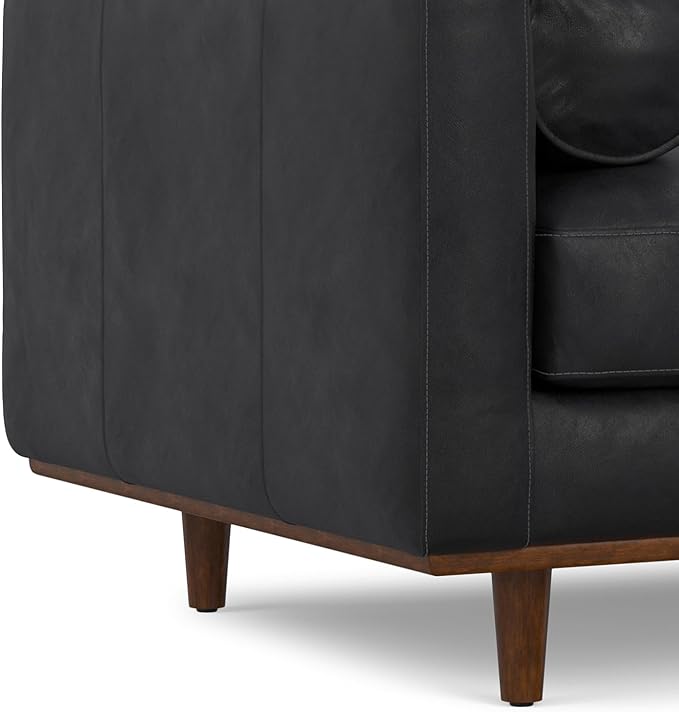 SIMPLIHOME Morrison Accent Chair - 43 inch Wide Upholstered Top Grain Genuine Leather Mid-Century Modern Arm Chair with Solid Wood Frame in Lead Black, for Living Room with 2 Bolster Pillows