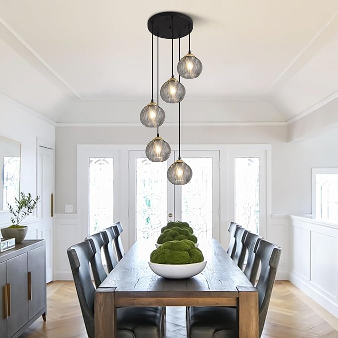 KCO Lighting Round Glass Pendant Lighting 5 Light Farmhouse Cluster Chandelier Black Kitchen Pendant Lighting Smoke Glass Cluster Pendant Light Mid Century Modern Globe Chandelier
