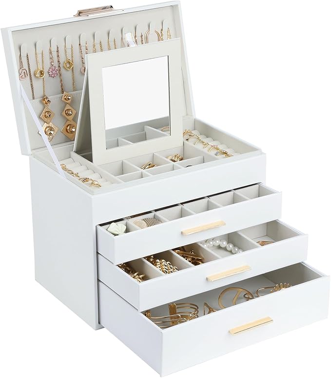 BOOVO Jewelry Boxes for Women, 5 Layer Jewelry Organizer with Necklace Hanger and Drawers, Large Jewelry Box for Earrings, Necklace and Bracelet Storage Gifts for Women and Girls (White, 5 Layer)