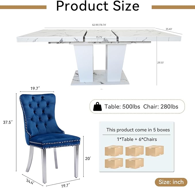 Goujxcy 7-Piece Extendable Dining Table Set for 6-8 People 63-78 Inch Kitchen Table Set with 6 Blue Upholstered Chairs Modern White Faux Marble Rectangular Dining Room Table Set for Kitchen Apartment