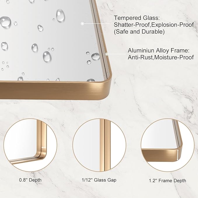 LOAAO 24”X36” Gold Bathroom Mirror, Rounded Rectangle Gold Frame Mirror, Brushed Gold Bathroom Vanity Mirror Wall-Mounted, Anti-Rust, Hangs Horizontally or Vertically