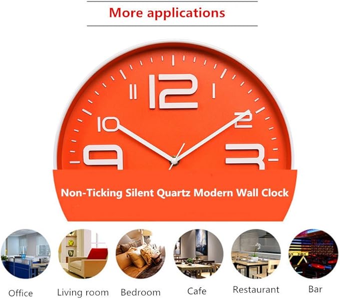 Zaoniy Non-Ticking Silent Quartz Wall Clock with Big 3D Number Modern Design Quiet Sweep Movement Indoor Decorative for Living Room Kitchen Wall Clocks Battery Operated 10-Inch (Orange)