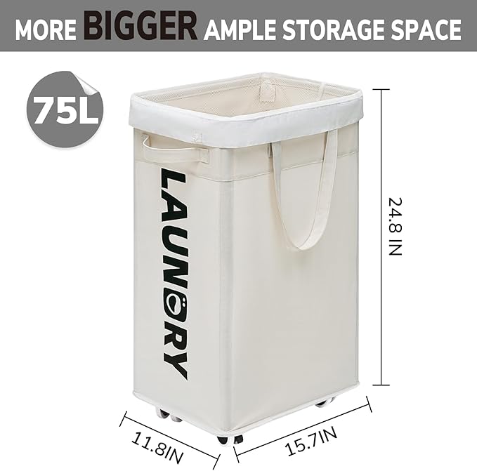 Goodpick Laundry Baskets with Wheels and Handle, 2-Pack 75L Collapsible Laundry Baskets, Clothes Laundry Basket with Removable Wash Bags for Corner Dorm, White Rolling Laundry Hamper