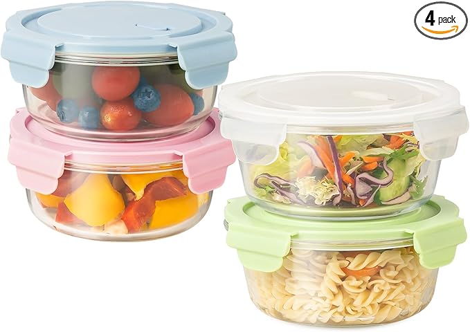 4 PCS Food Storage Containers with lids Set, Airtight 2.5 Cup Glass Meal Prep Containers, Heat-Resistant BPA-Free Glass Containers for Soup Leftover, Microwave, Dishwasher Freezer Safe 20 OZ