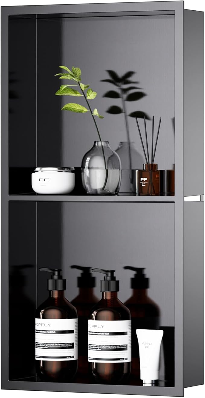 POPFLY 12"×24" Dark Grey Stainless Steel Shower Niche, Double Shelf Bathroom Insert Niche No Tile Ready Needed Recessed Two Tier Wall Niches for Shower