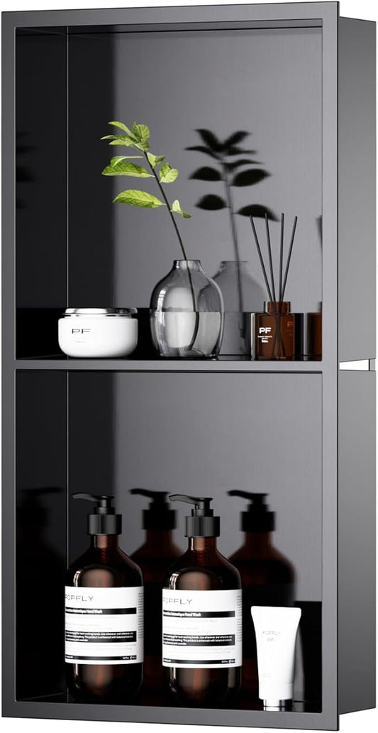 POPFLY 12"×24" Dark Grey Stainless Steel Shower Niche, Double Shelf Bathroom Insert Niche No Tile Ready Needed Recessed Two Tier Wall Niches for Shower