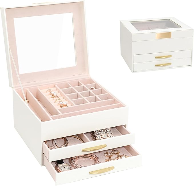 Jewelry Storage Box with Glasses Lid, 3-Tiers Jewelry Organizer Box for Women Girls, Jewelry Case for Rings, Bracelets Earrings, Necklaces (White)