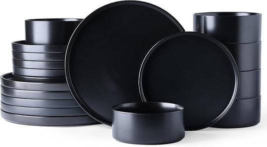GBhome Ceramic Dinnerware Sets for 6, Matte Stoneware Plates and Bowls Sets,Chip and Scratch Resistant Dishes, Dishwasher & Microwave Safe, Oven safe,Reactive Glaze-Black