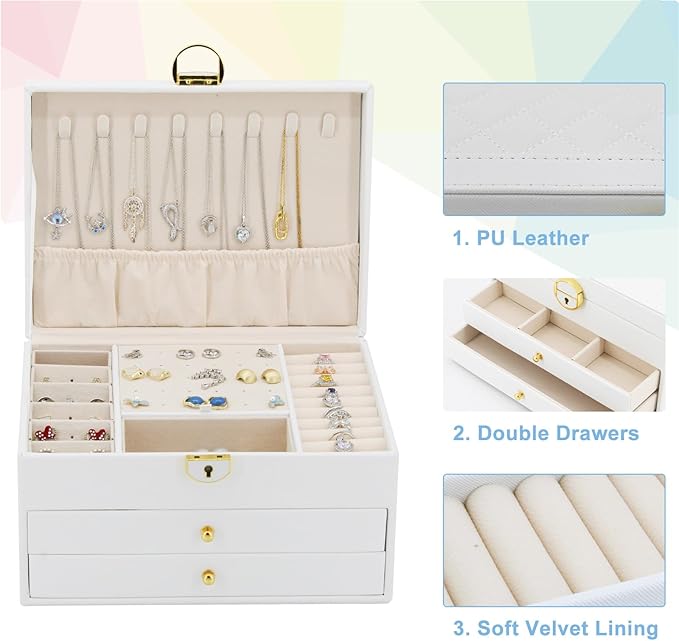 KOOAAICCHI Jewelry Box for Women, 3-Layer Jewelry Organizer, Jewelry Storage Case PU Leather for Earrings, Bracelets, Ring, Necklaces-White