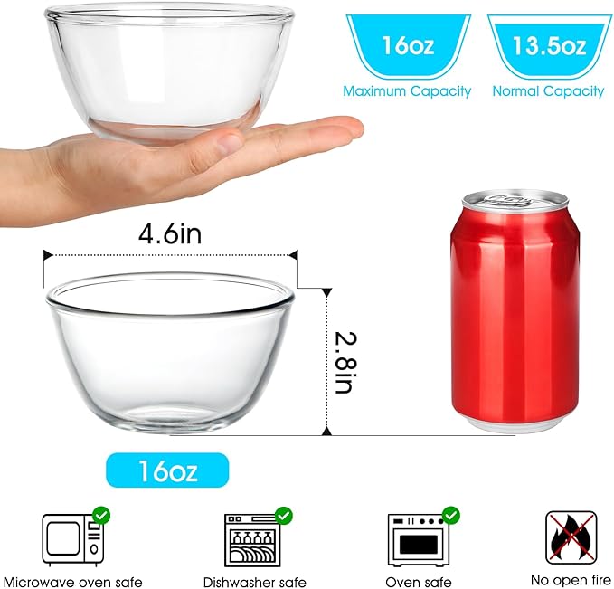 NUTRIUPS 3 Pack Small Glass Bowls Set 16oz Glass Cereal Bowls Glass Bowls for Oatmeal, Ice Cream and Fruit (4.5 inch)