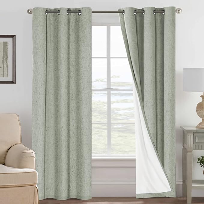 H.VERSAILTEX Primitive Linen Curtains 100% Blackout Curtain Drapes Burlap Fabric Curtains with White Thermal Insulated Liner, Grommet Top Drapes Living Room/Bedroom (2 Panels, 42 x 84 Inch, Sage)