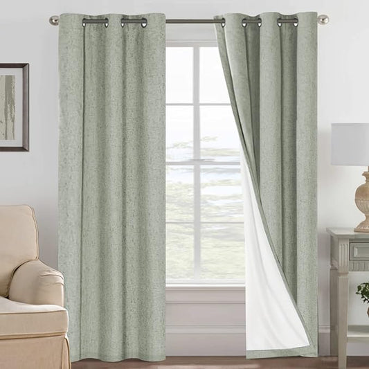 H.VERSAILTEX Primitive Linen Curtains 100% Blackout Curtain Drapes Burlap Fabric Curtains with White Thermal Insulated Liner, Grommet Top Drapes Living Room/Bedroom (2 Panels, 42 x 84 Inch, Sage)
