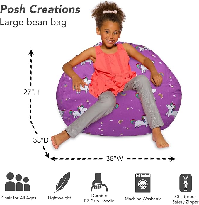 Posh Creations Bean Bag Chair for Kids, Teens, and Adults Includes Removable and Machine Washable Cover, 38in - Large, Canvas Unicorn and Rainbows on Purple