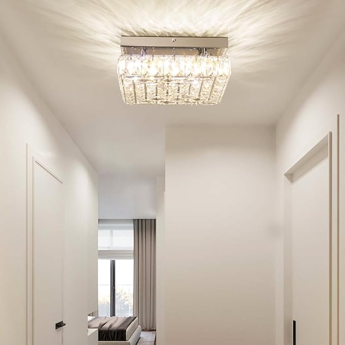 FRIXCHUR 10.6" Modern Crystal Chandeliers Square Crystal Ceiling Light LED Chandelier with Remote Control Mini Bedroom Flush Mount Ceiling Lights Fixture for Kitchen Hallway Dining Room (Dimmable)