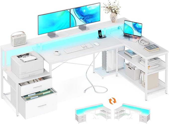 ODK L Shaped Desk with File Drawer, 75" Reversible L Shaped Computer Desk with Power Outlet & LED Strip, Home Office Desk with Storage Shelves, Gaming Desk with Monitor Shelf, Corner Desk, White