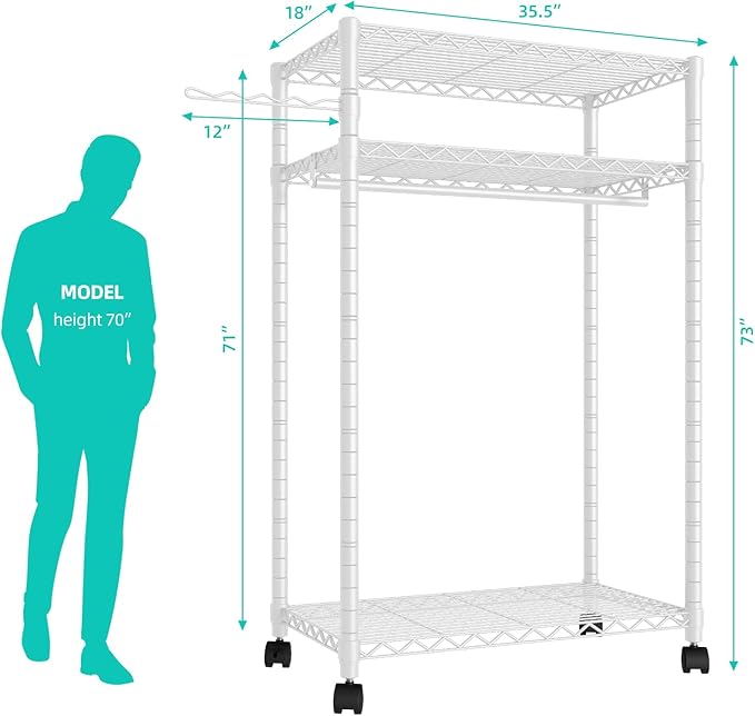 PUNION Heavy Duty Rolling Garment Rack,Portable Clothes Rack for Hanging Clothes,Clothing Rack,Wardrobe Storage Rack with 3 Shelves,1 Hang Rod,1 Side Hook,36" Lx18 Wx71 H, Max Load 500LBS, White,GR1