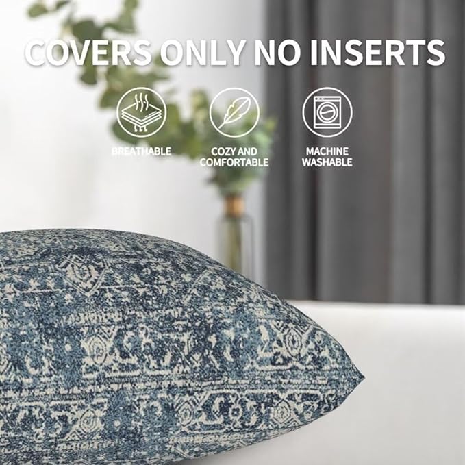 Navy Blue Boho Pillow Covers 22x22 Set of 2, Carpet Pattern Outdoor Decorative Throw Pillows Ethnic Rustic Farmhouse Cushion Cases Linen Gifts for Couch Sofa Decor
