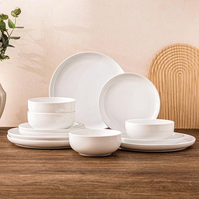 AmorArc Ceramic Dinnerware Sets of 4,Porcelain Plates and Bowls Sets, Scratch Resistant Dishes Set, Dishwasher & Microwave & Oven Safe Dishes Set,White Dishware Service for 4-12 pcs