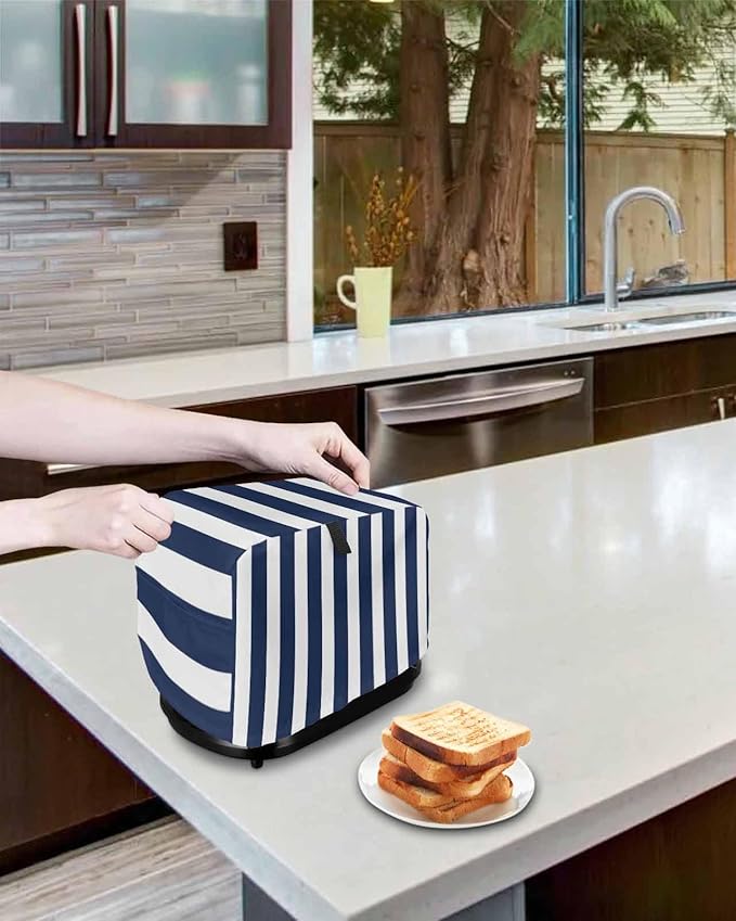 Toaster Cover 2 Slice Navy Blue Stripes Toaster Oven Cover with Pockets Blue Vertical Striped Dustproof Bakeware Protector Small Kitchen Appliance Dust Covers and Fingerprint Protection for Women