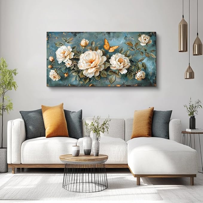 hyidecorart Living Room Canvas Wall Art White Flowers Artwork Pictures Wall Decor For Bedroom Office Decorations Modern Family Wall Paintings Posters Ready To Hang Large Framed Aesthetic Home Decor