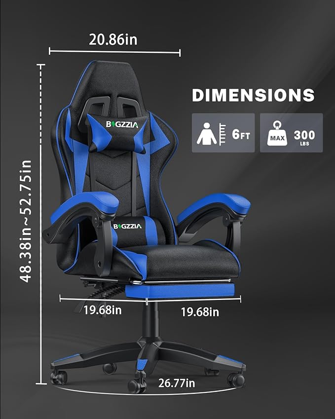 Gaming Chair with Footrest, High Back Ergonomic Computer Gamer Chair with Headrest and Lumbar Support, Racing Style Reclining Game Chair for Adults, Kids (Blue-Black)