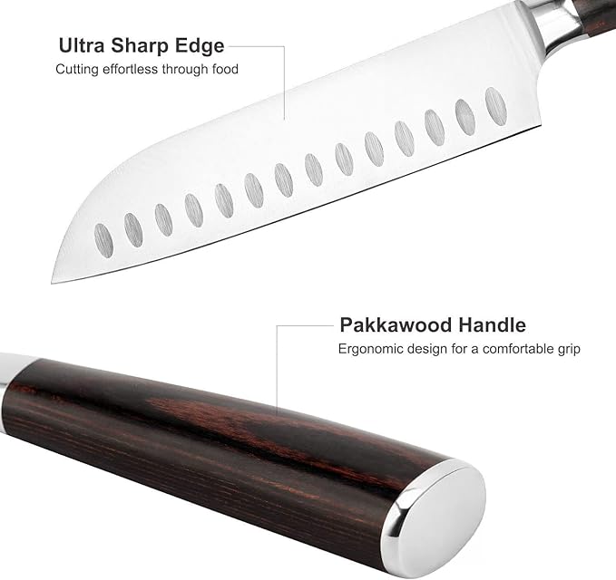 7 Inch Japanese Santoku Knife, Stainless Steel, Ergonomic Pakkawood Handle for Comfort - Sharp Chef Knife for Slicing, Chopping, and Mincing - Perfect for Vegetables, Meat, & Fish