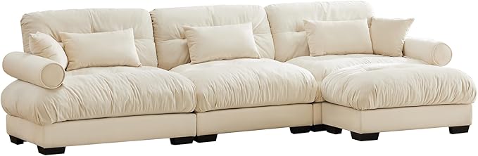 Ball & Cast 130" Oversized Modular Sofa,L Shaped 3-Seater Couch Sectional Couch with Round Bolster Armrests and 5 Pillows,Fluffy Velvet Deap Seat Couches w/Ottoman,for Living Room,Convertible,Cream