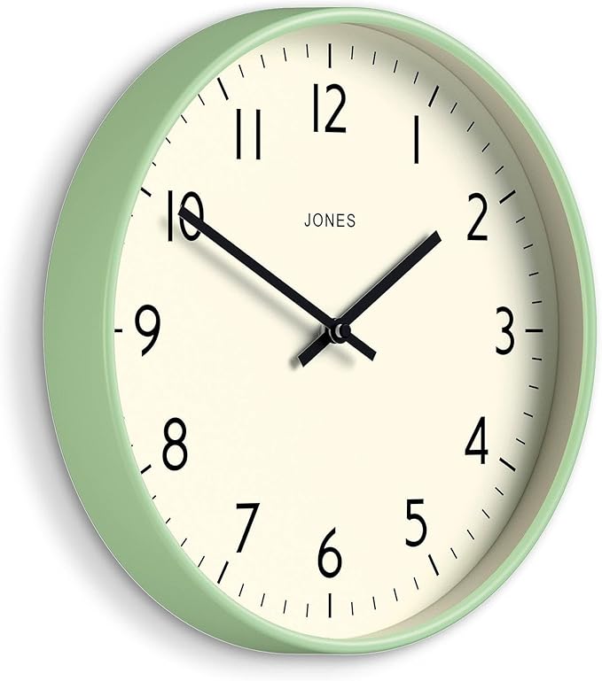 JONES CLOCKS® Studio Wall Clock | Modern Round Clock | 12 inch | Neo Mint Green | Easy to Read Numbers | Versatile Design for Kitchen, Living Room or Office