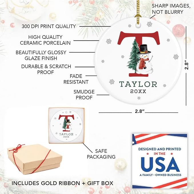 Andaz Press Personalized Christmas Ornament, Custom Name, Initial T Monogram Snowman 2.8" Ceramic Porcelain 2025 Christmas Ornament Keepsake for Kids, Boys, Girls Initial Ornament 1-Pack