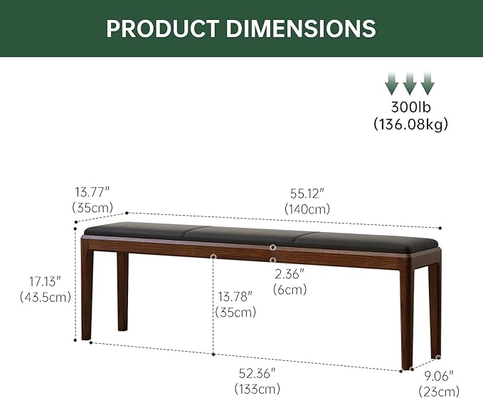 55.1'' Leather Upholstered Dining Bench with 100% Solid Oak Wood Bench Frame, 13.8'' Widened Padded Bed End Bench Ottoman for Kitchen Living Room Bedroom Entryway, Black