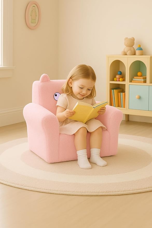 Cute Animal Toddler Foam Chair, Soft Faux Rabbit Fur, Removable Washable Cover, Kids Reading, Watching TV, or Relaxing, for Playroom, Bedroom, Living Room, 1-3 Years Old, Pink Cat